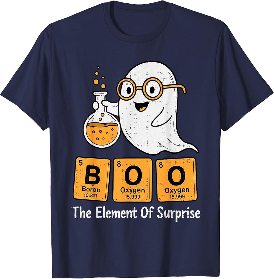 Boo Ghost Chemistry Pun Science Periodic Table Halloween T-Shirt - Navy Blue