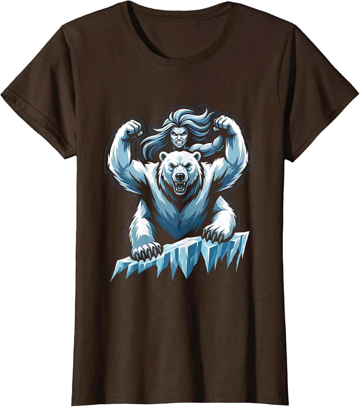 Women's Woman and Polar Bear on Icy Arctic Cliff T-Shirt - Brown