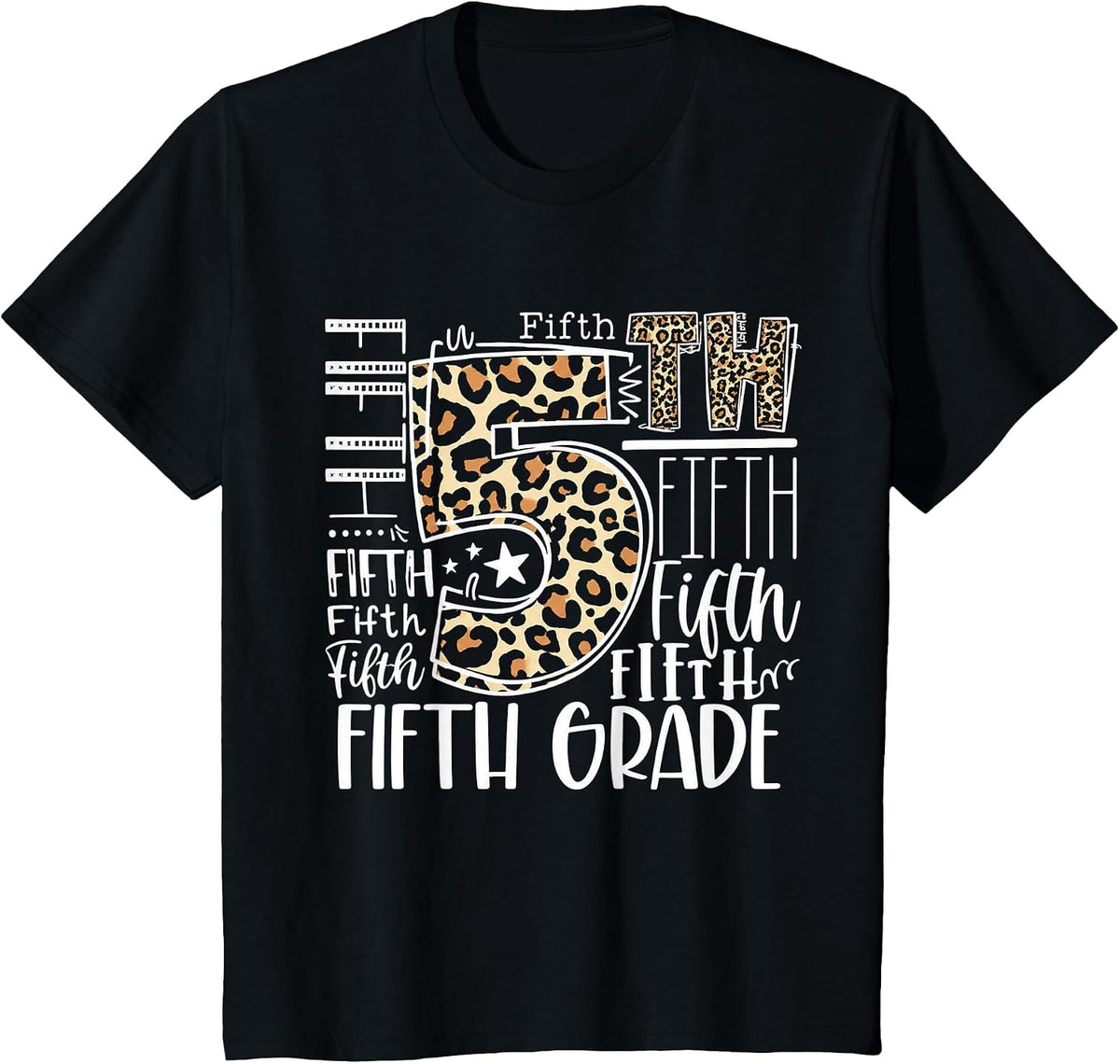Hello Fifth Grade Typography Leopard Back to School Teacher T-Shirt - Black