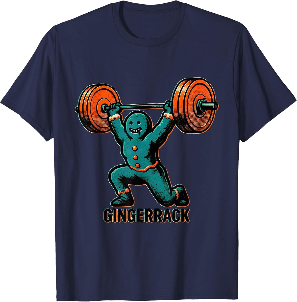 Men's Gingerrack Risograph Funny Gingerbread Man Weightlifting Gym T-Shirt - Navy Blue