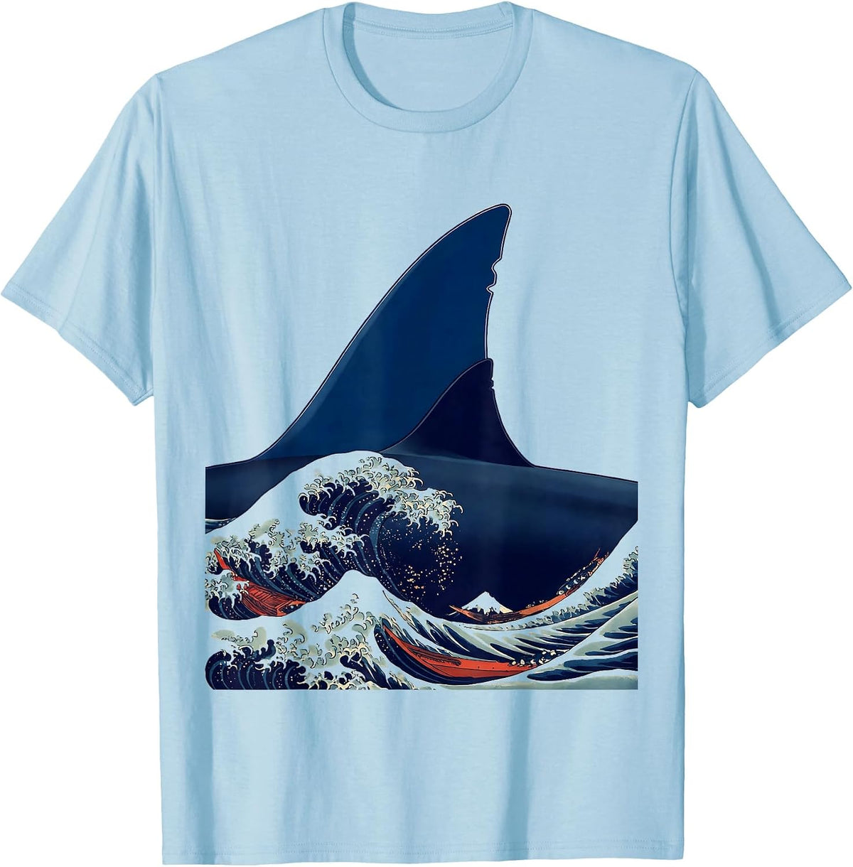 Men's Shark Fin Check Mark Ukiyo-e Ocean Animal Humor T-Shirt - Baby Blue