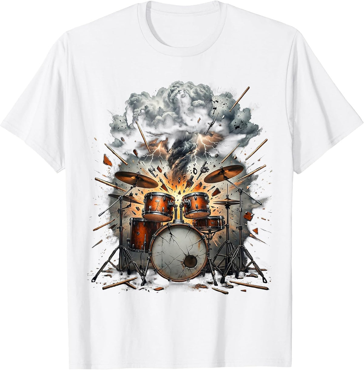 Drum Kit Explosion Thundercloud Burst Design T-Shirt - White