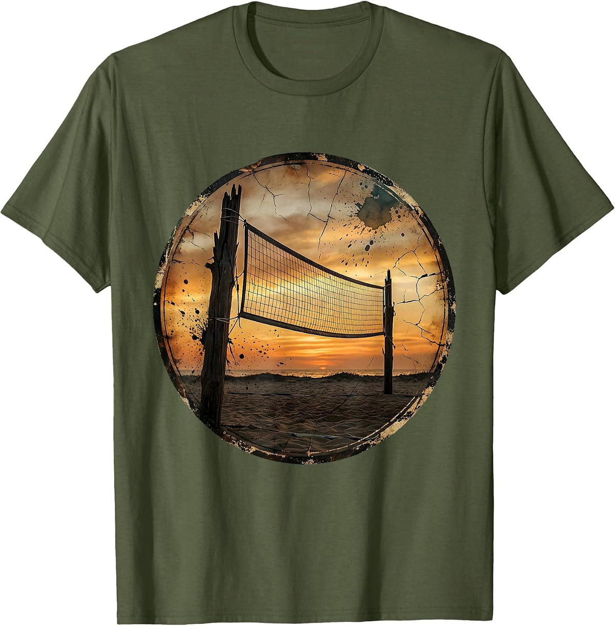 Beach Volleyball Sunset Graphic Tee T-Shirt - Olive Green