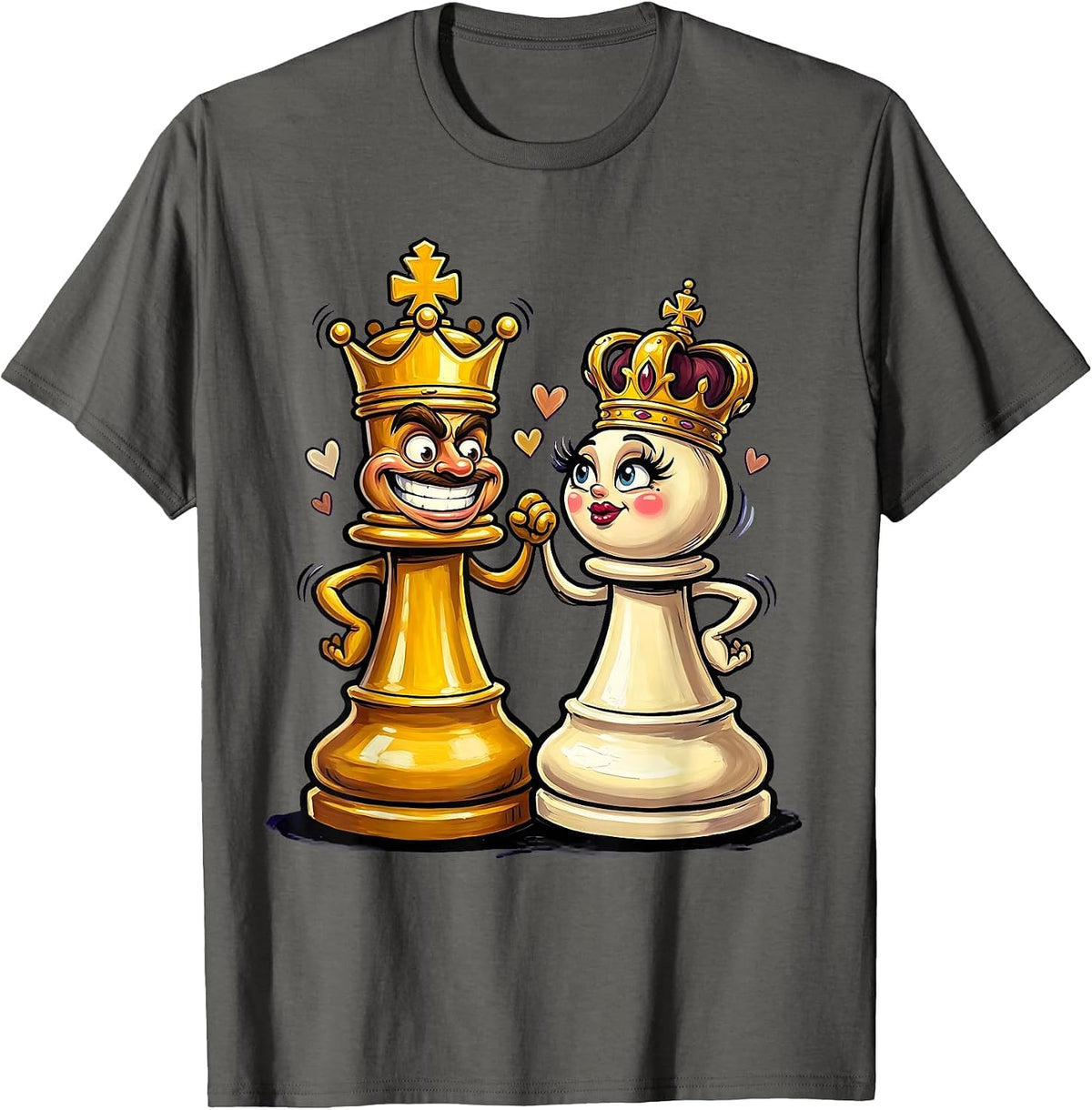 King and Queen Chess Piece Couples Design T-Shirt - Asphalt Grey
