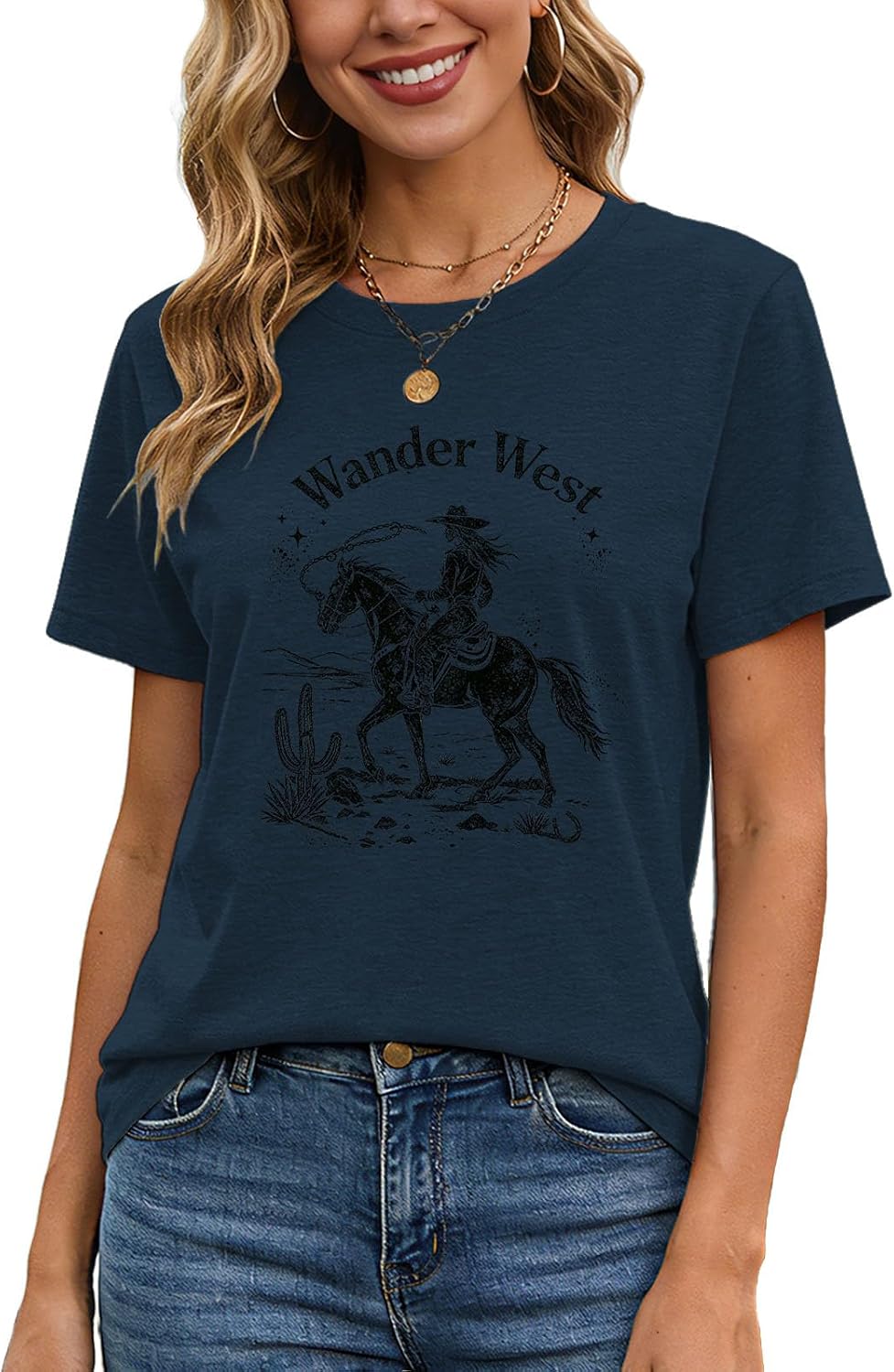 Wander West Womens Western Graphic Tee, Cowboy Desert Print Crew Neck - Navy Blue