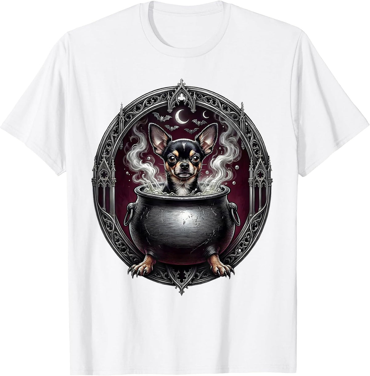 Men's Halloween Chihuahua Witch Cauldron Funny Dog Design T-Shirt - White
