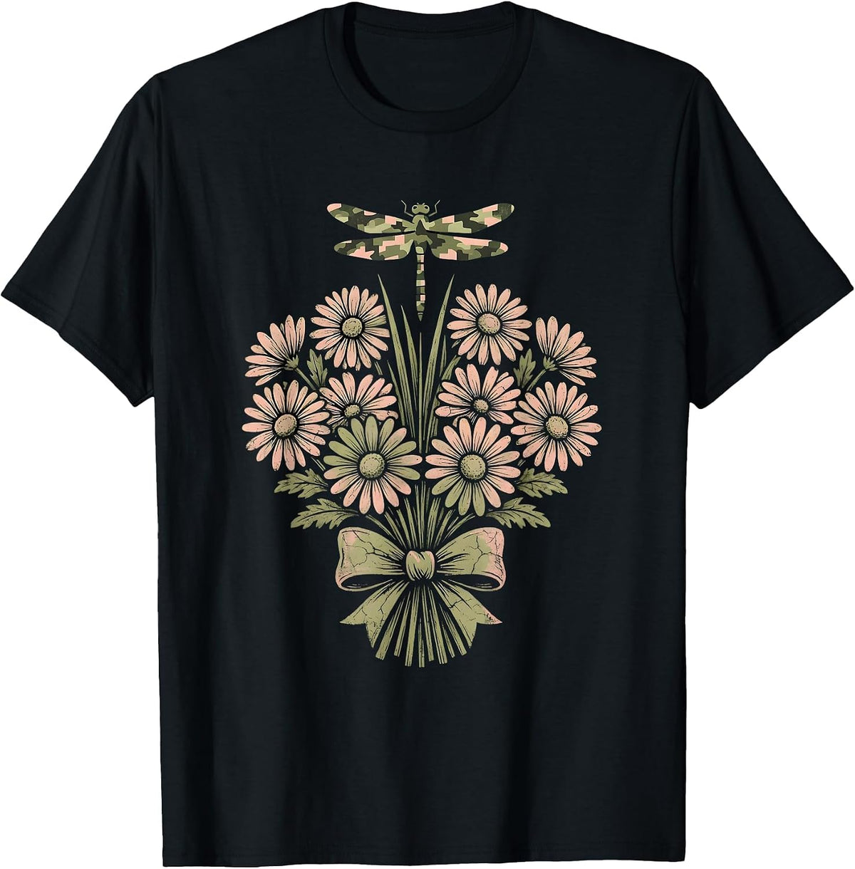 Men's Camo Dragonfly on Reed Nature Illustration T-Shirt - Black