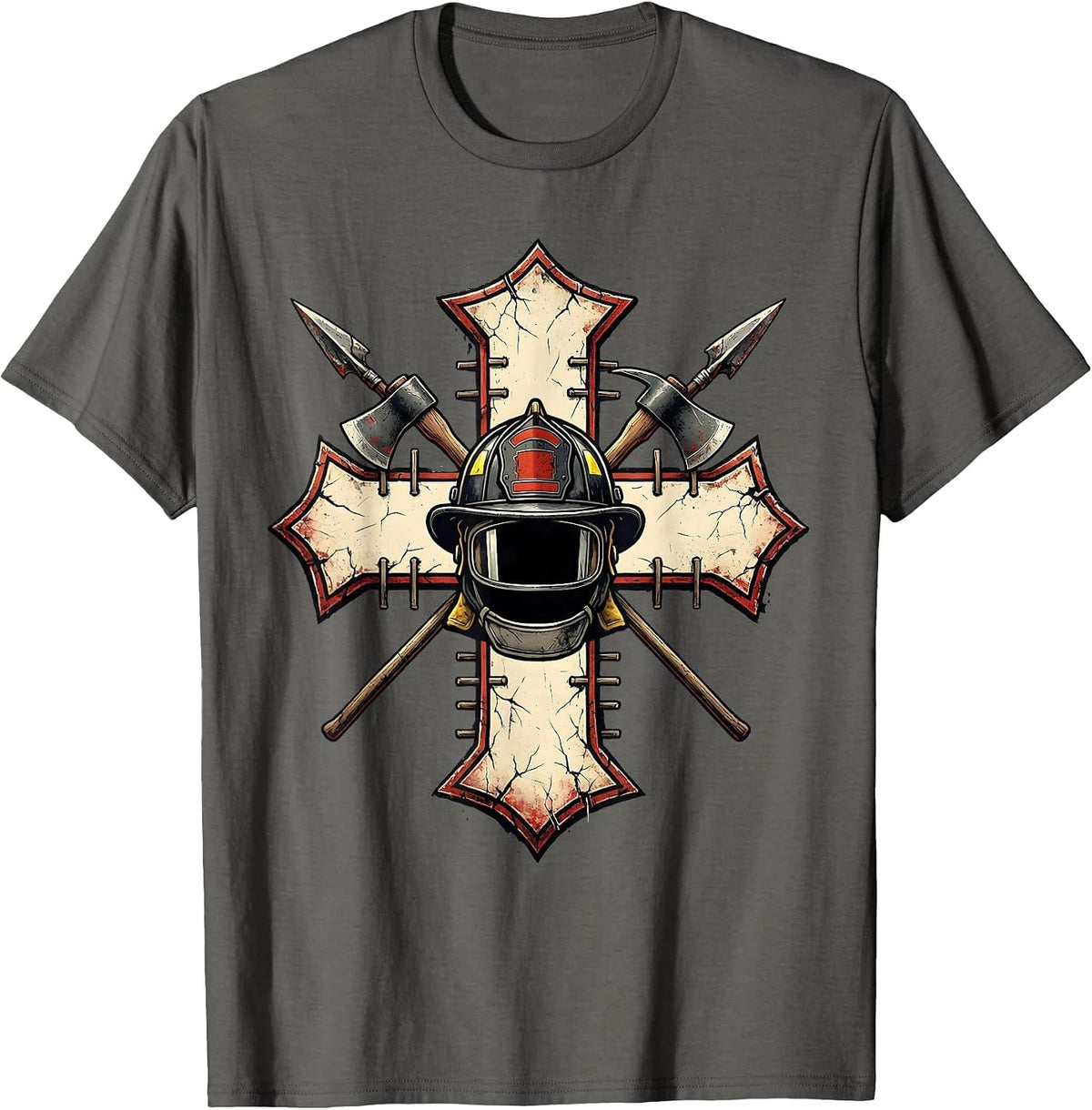 Men's Distressed Firefighter Cross Helmet Axe Ladder Gear T-Shirt - Asphalt Grey