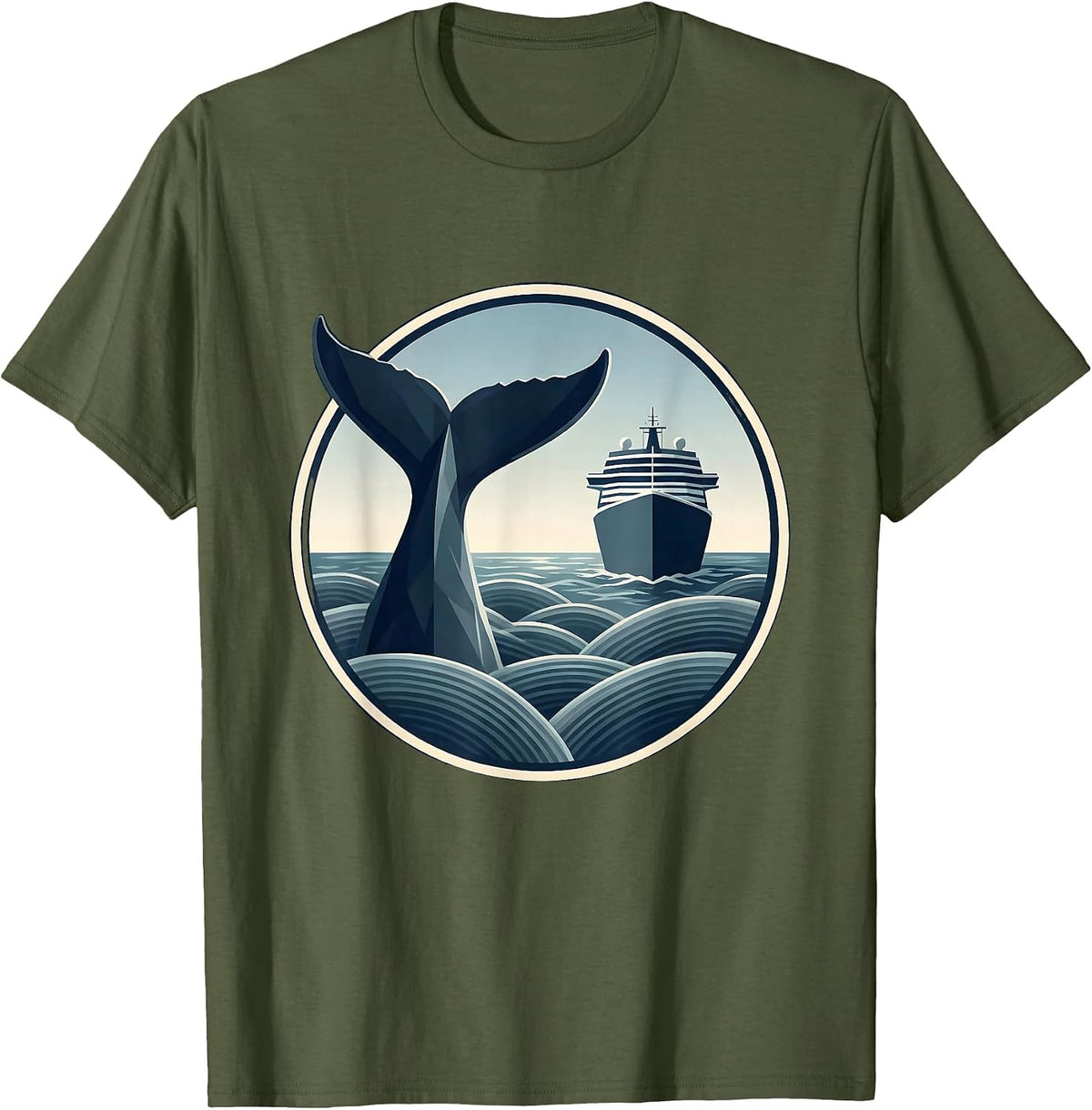 Whale Tail Breaching by Ship Hull Cruise Design T-Shirt - Olive Green