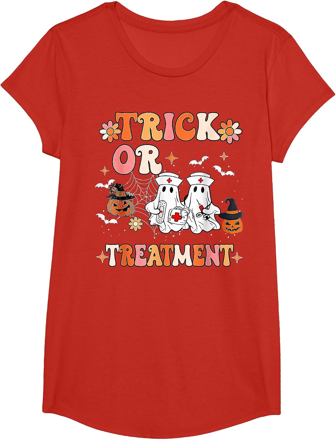 Trick Or Treatment Ghost Paramedic Halloween Nurse T-Shirt - Girls Red