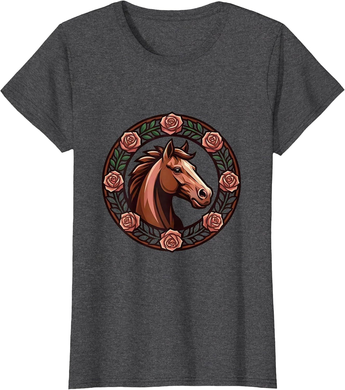Women's Horse Head Floral Wreath Illustration Design T-Shirt - Dark Heather Grey
