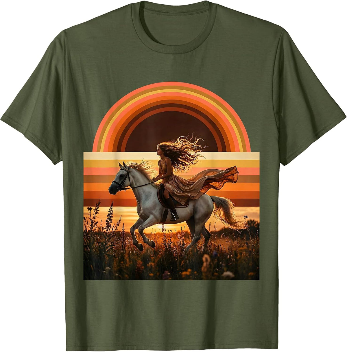 Men's Girl Riding Horse Through Wildflowers Graphic Tee T-Shirt - Olive Green