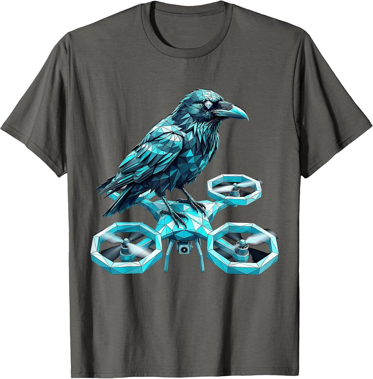 Crow on Surveillance Drone Cyberpunk Art T-Shirt - Asphalt Grey