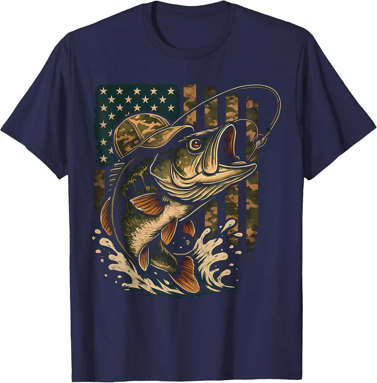 Fishing Camouflage US American Flag Bass Fish Fisherman Camo T-Shirt - Navy Blue