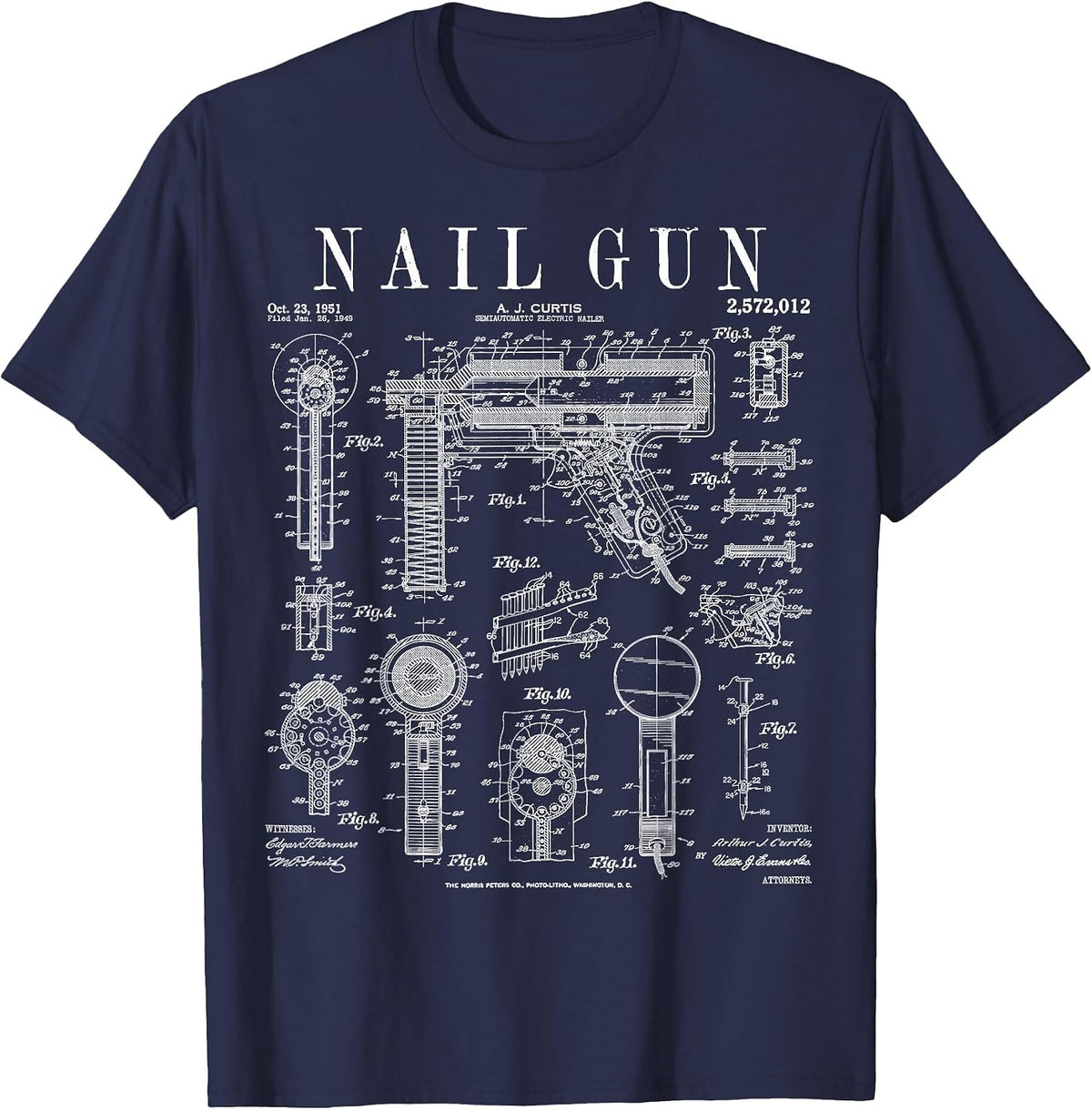 Carpenter Builder Construction Nail Gun Vintage Patent T-Shirt - Navy Blue