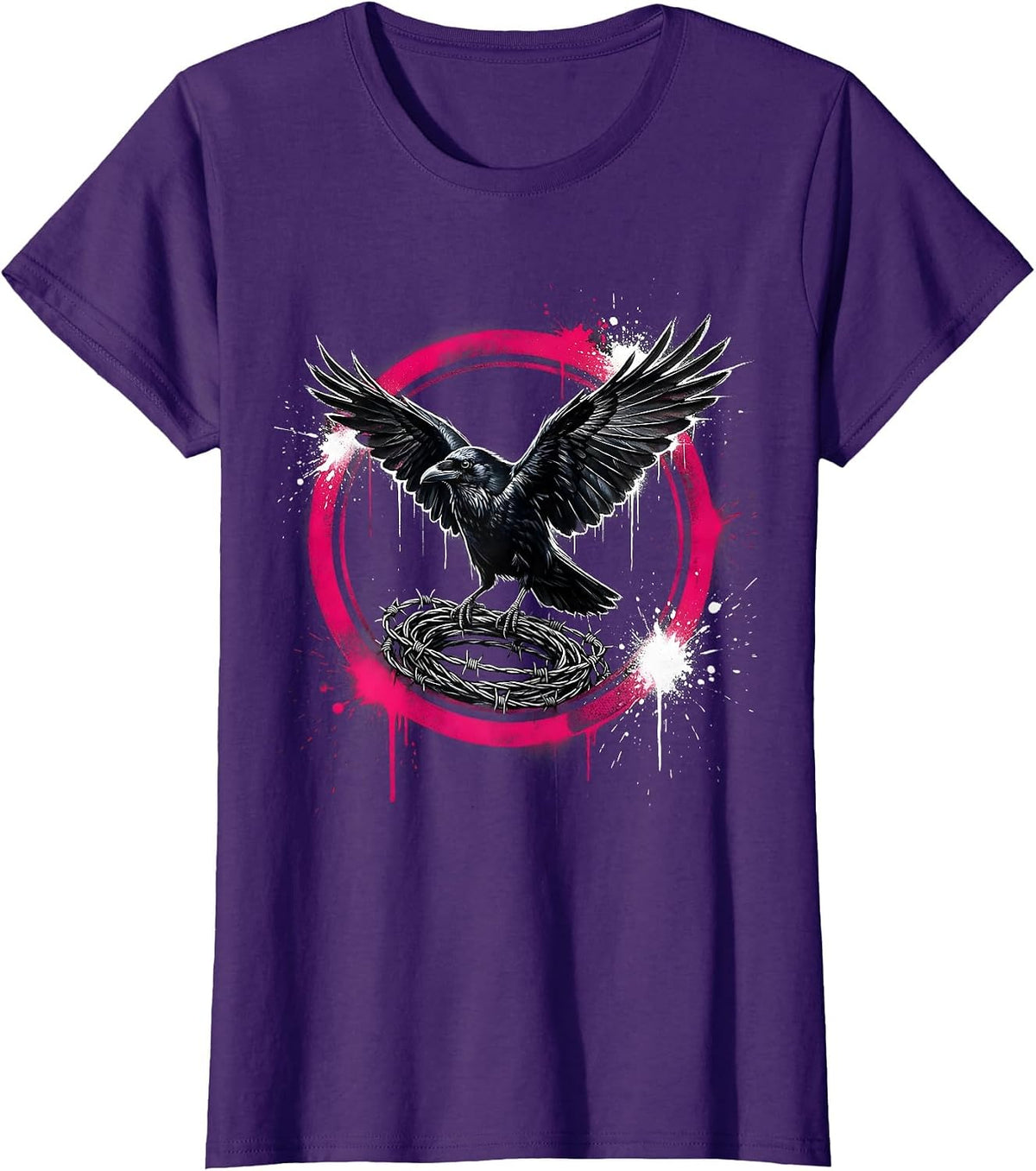Women's Grunge Crow on Barbed Wire Illustration T-Shirt - Purple