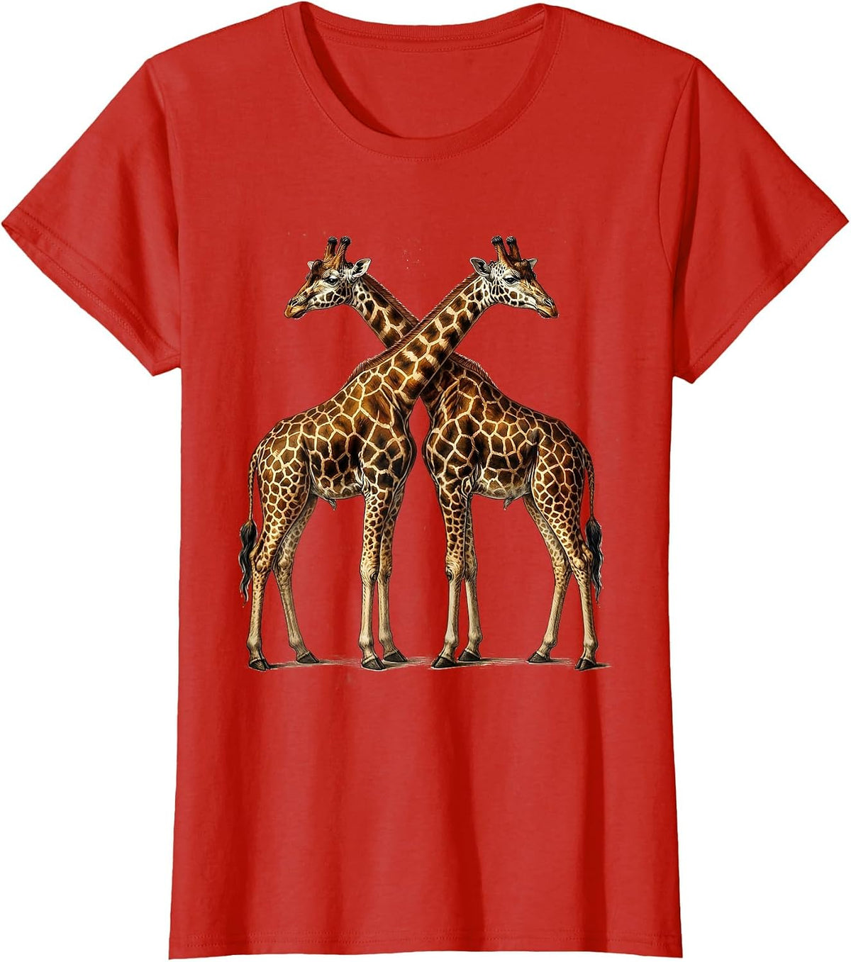 Two Giraffes Heart Neck Cross Love Wildlife Art T-Shirt - Red