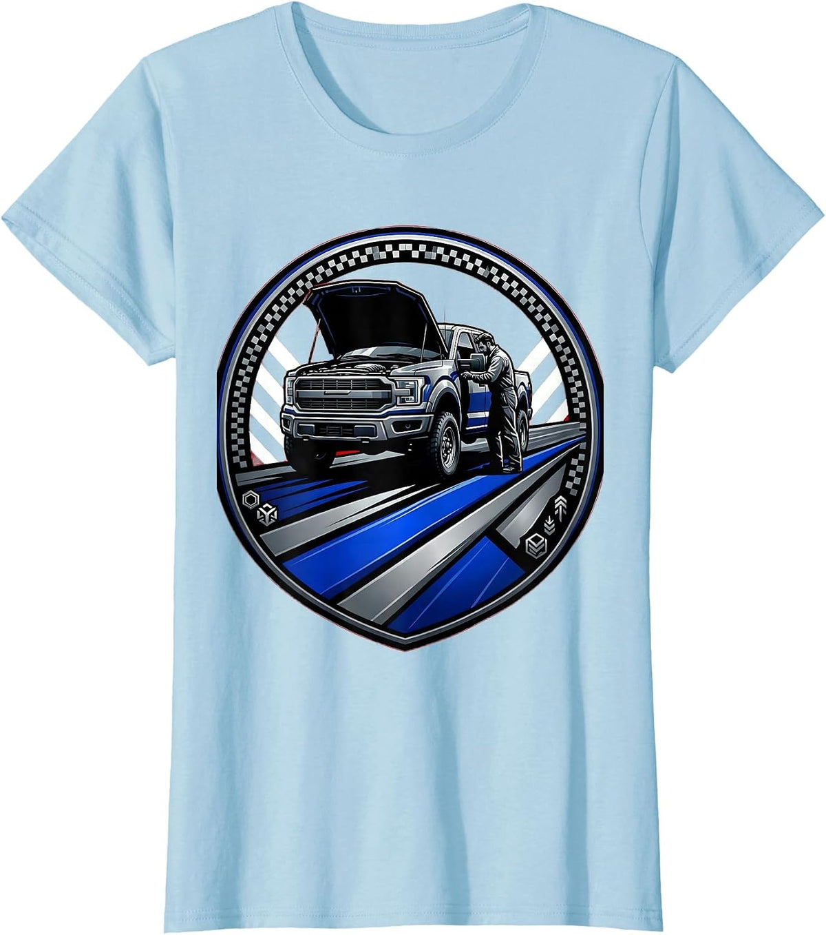 Women's Valley Forge Automotive Mechanic Under Truck Hood T-Shirt - Baby Blue