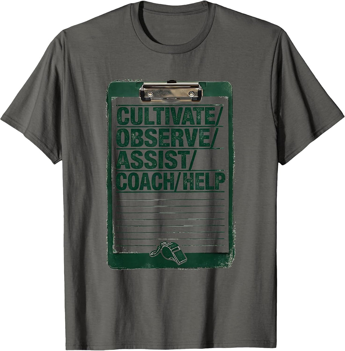 Men's CULTIVATE OBSERVE ASSIST COACH HELP Rubber Stamp Coach T-Shirt - Asphalt Grey