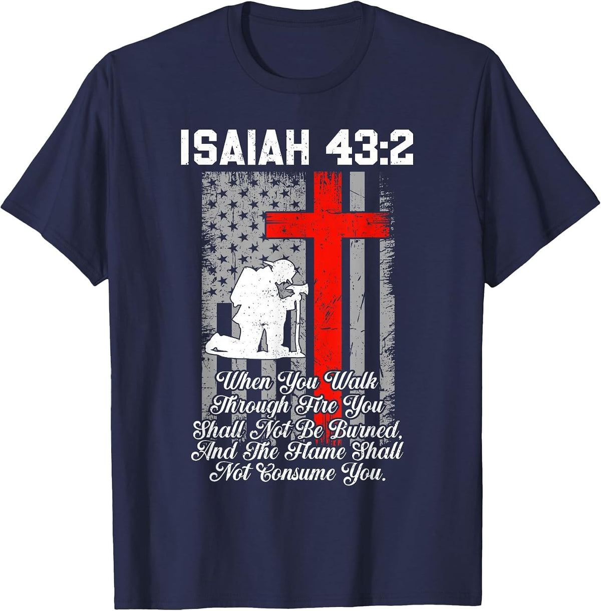 Patriotic American US Flag Firefighter Cross Christian T-Shirt - Navy Blue