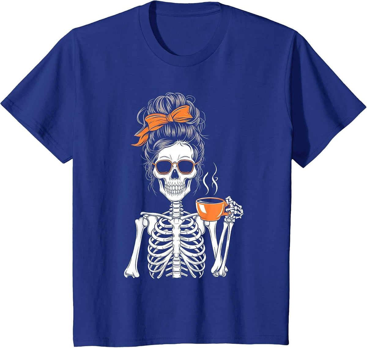 Halloween Skeleton Messy Bun Coffee Funny Costume Mom Women T-Shirt - Royal Blue
