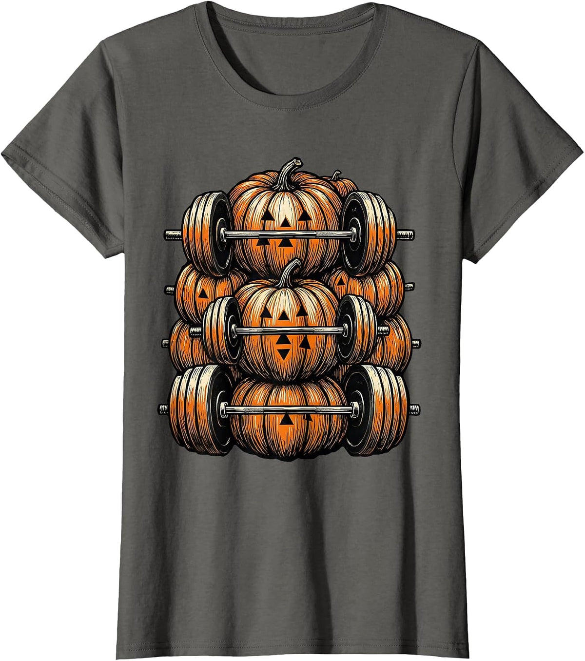 Women's Pumpkin Weightlifting Linocut Halloween Gym Workout T-Shirt - Asphalt Grey