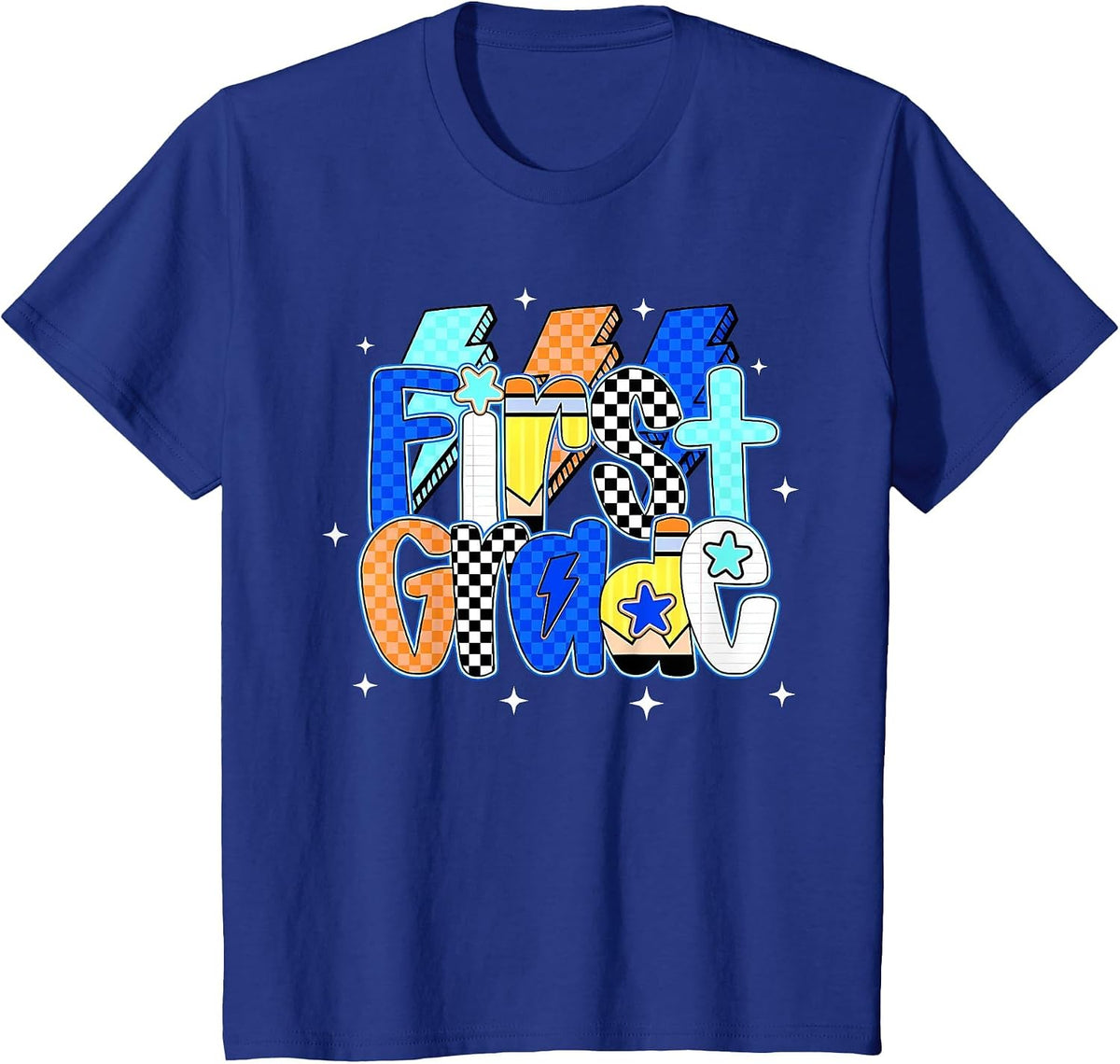 Checkered Lightning Bolt First Grade Back to School Girls T-Shirt - Royal Blue
