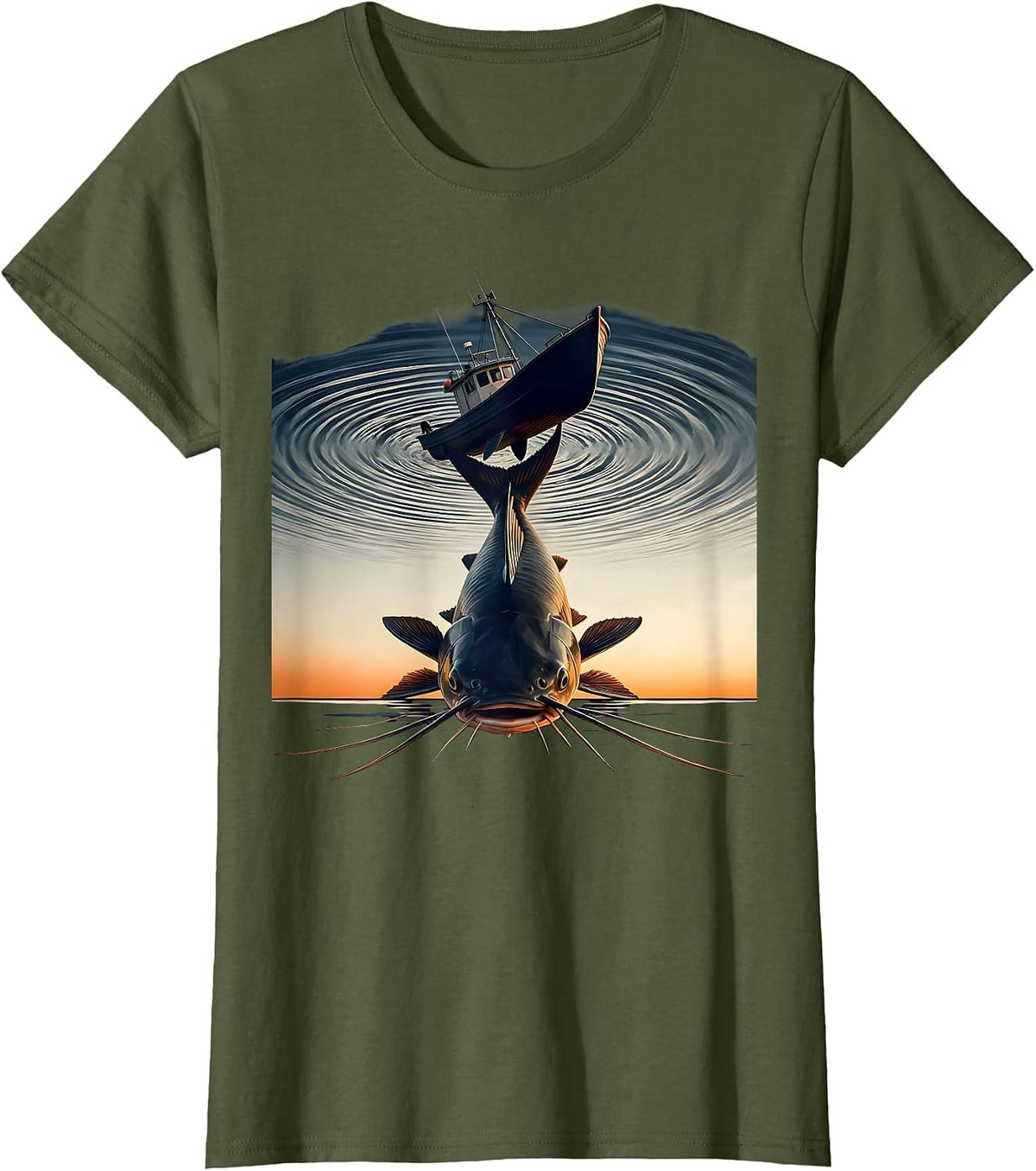 Women's Giant Catfish Pulling Down a Boat Fishing Graphic T-Shirt - Olive Green