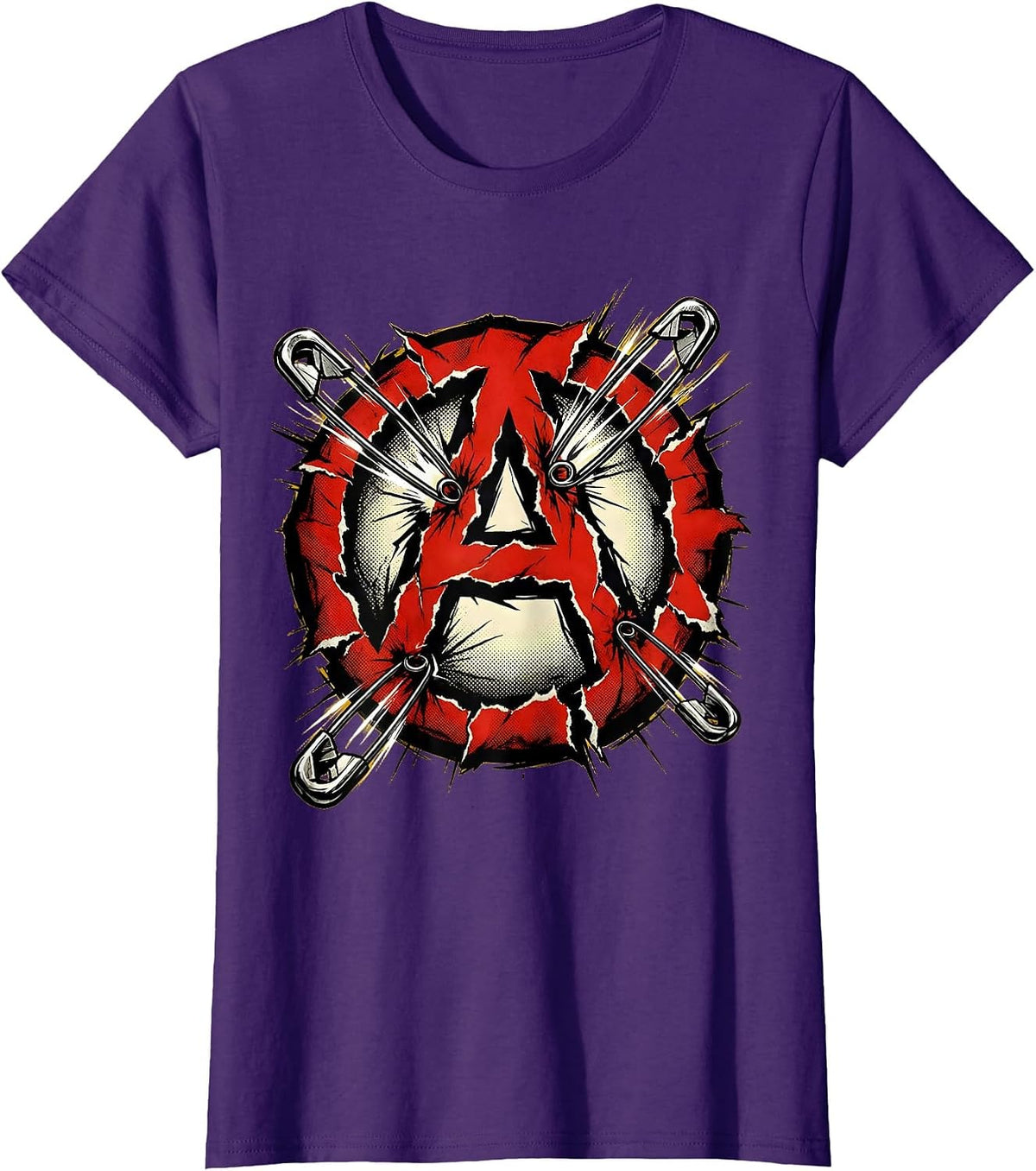 Women's Punk Anarchy Symbol Ripped Safety Pin Design T-Shirt - Purple