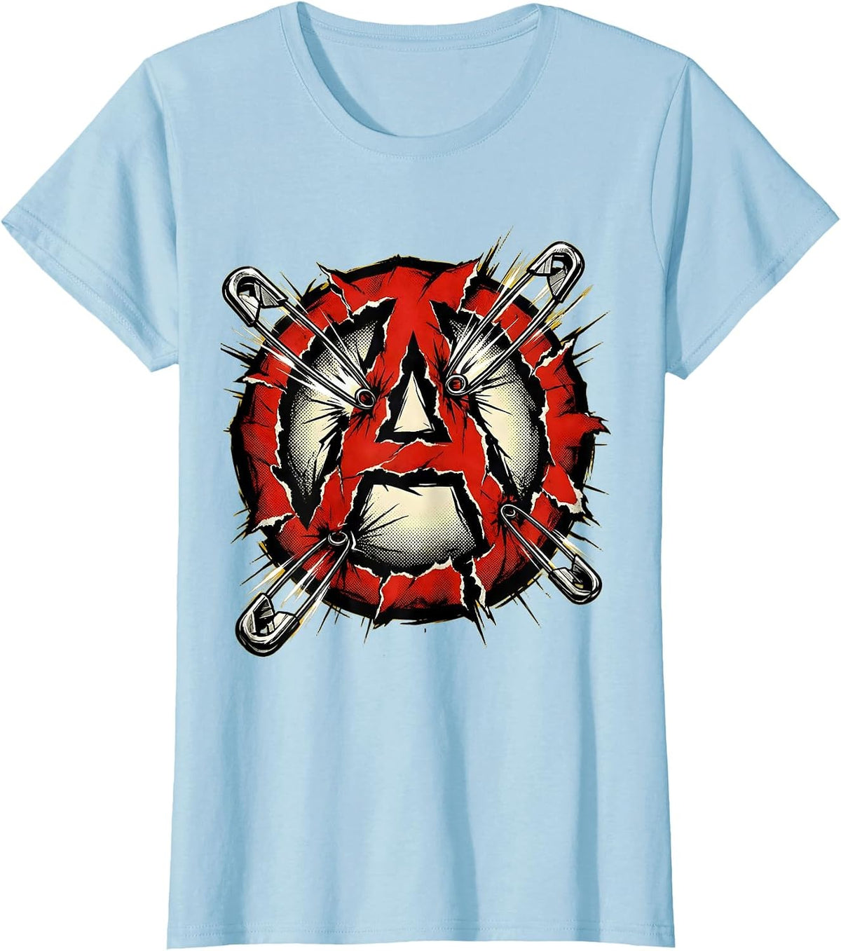 Women's Punk Anarchy Symbol Ripped Safety Pin Design T-Shirt - Baby Blue