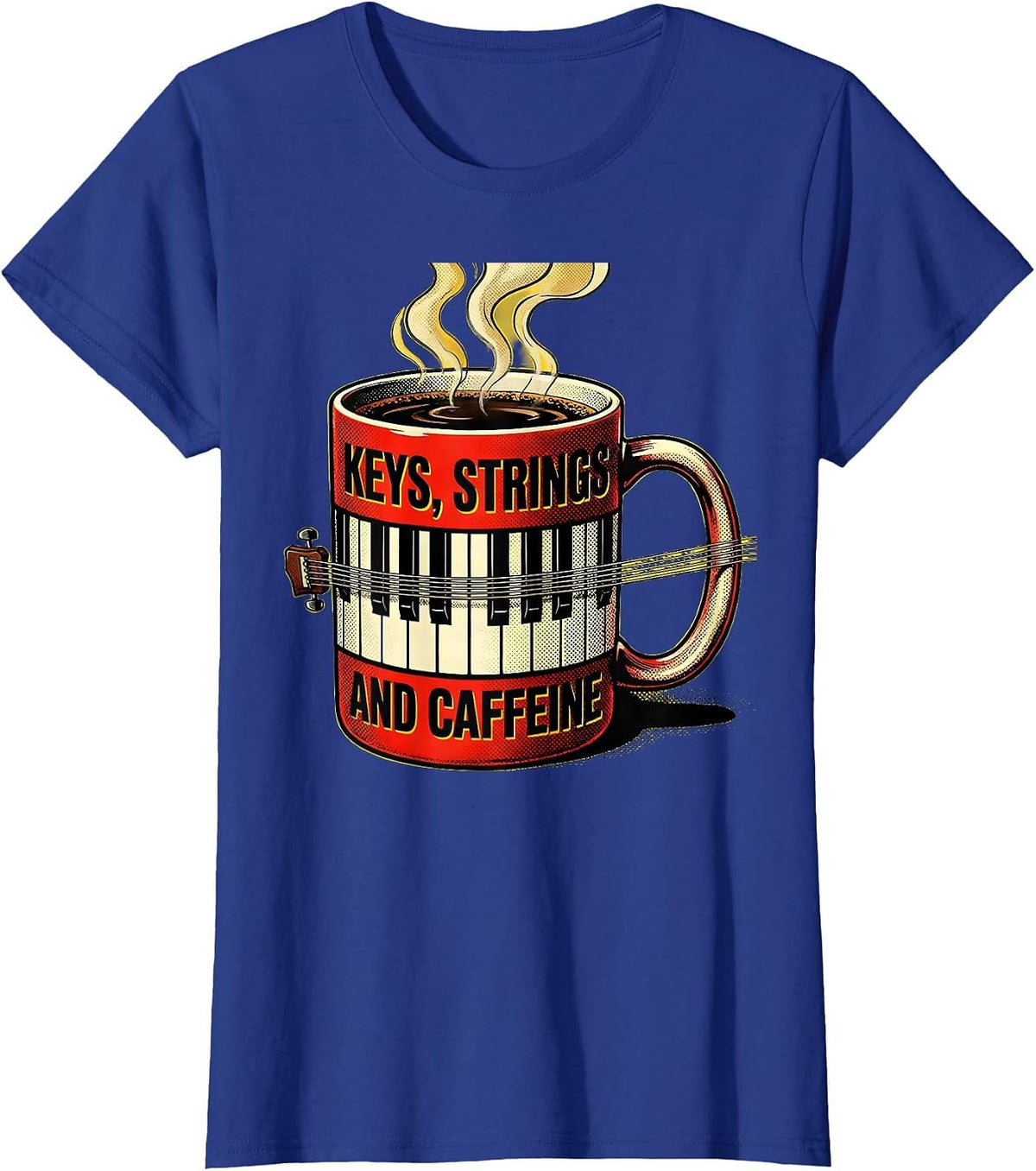Women's Keys, Strings, and Caffeine Music Teacher Design T-Shirt - Royal Blue
