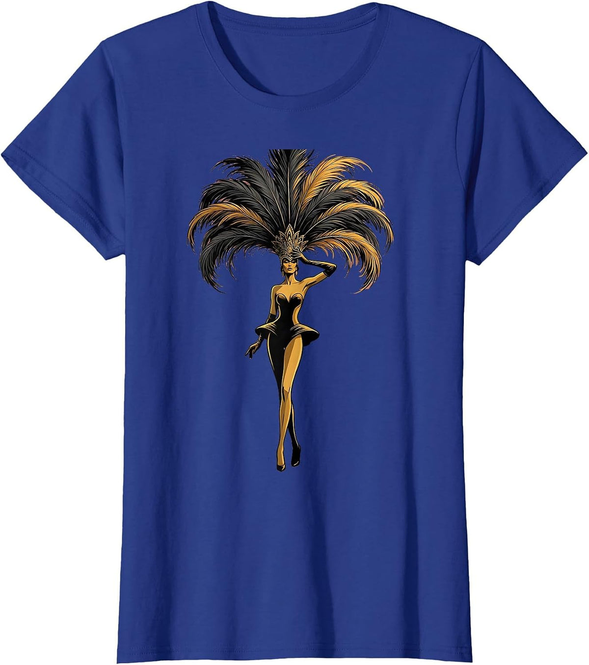 Women's Showgirl Feathered Headdress Illustration T-Shirt - Royal Blue