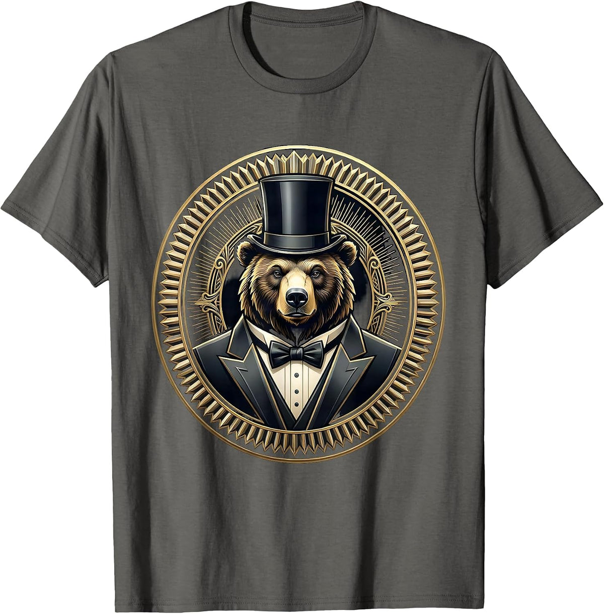 Dapper Bear in Tuxedo and Top Hat Illustration T-Shirt - Asphalt Grey