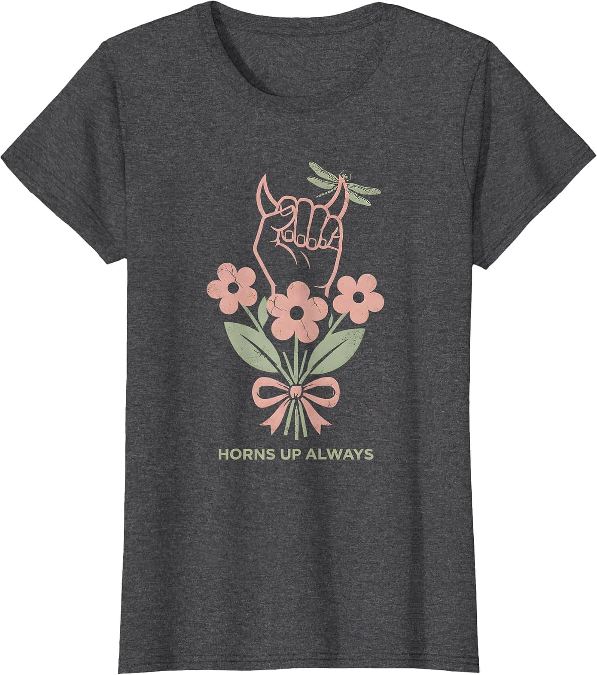 Horns Up Always Metal Band Graphic Design T-Shirt, Women, Dark Heather Grey, Medium - As Pictured