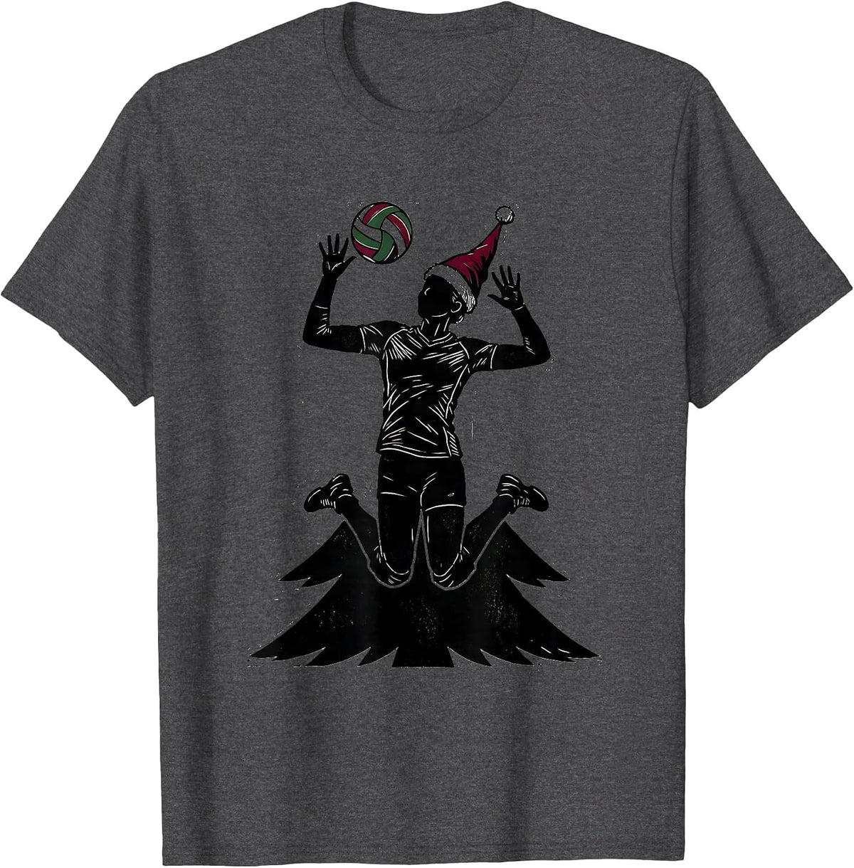 Leaping Volleyball Setter Santa Cap Ugly Christmas Sports T-Shirt - Dark Heather Grey