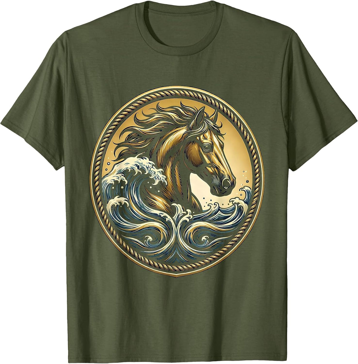 Horse Head Rising from Ocean Waves Graphic T-Shirt - Olive Green