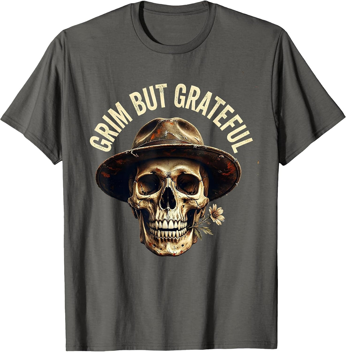 Grim But Grateful Skull Graphic Design T-Shirt - Asphalt Grey
