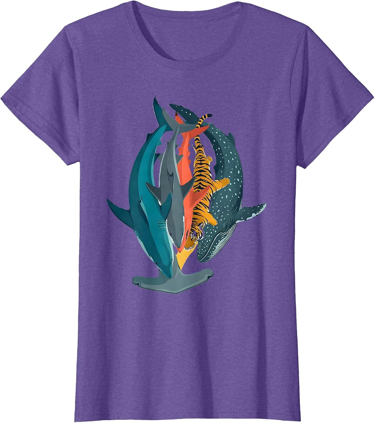 Women's Shark Column Flat Vector Funny Ocean Wildlife Gift T-Shirt - Purple Heather