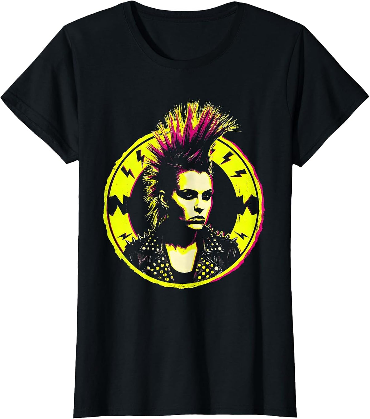 Punk Mohawk Studded Jacket Rock Band Graphic T-Shirt - Black