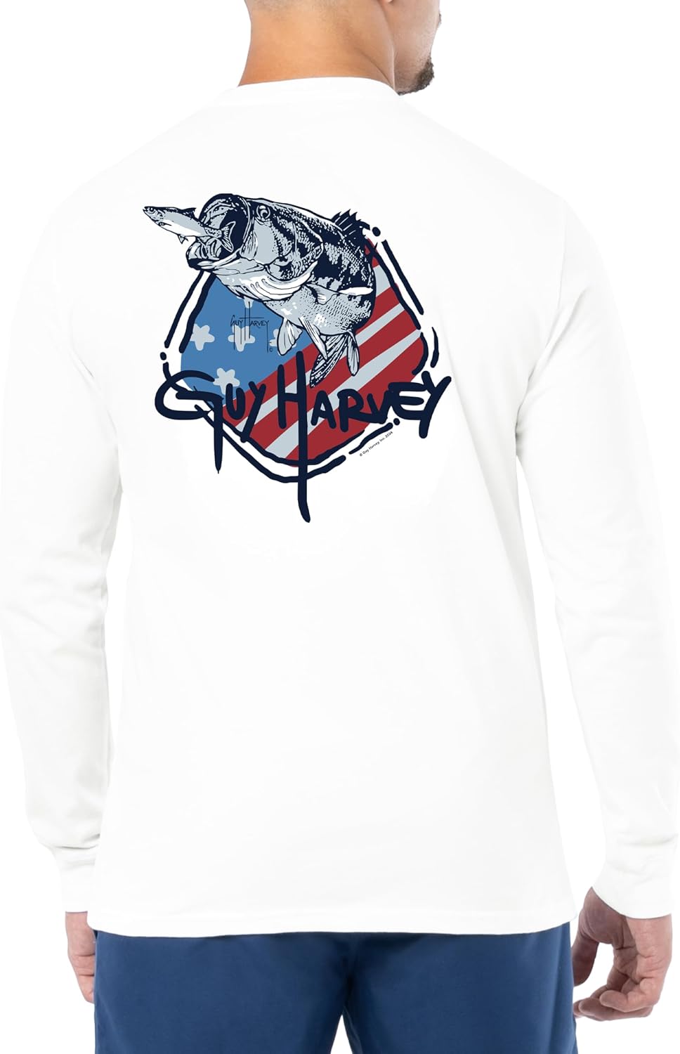 Guy Harvey Men’s Long Sleeve OG Cotton Graphic T-Shirt - Bright White\/Fast Flag