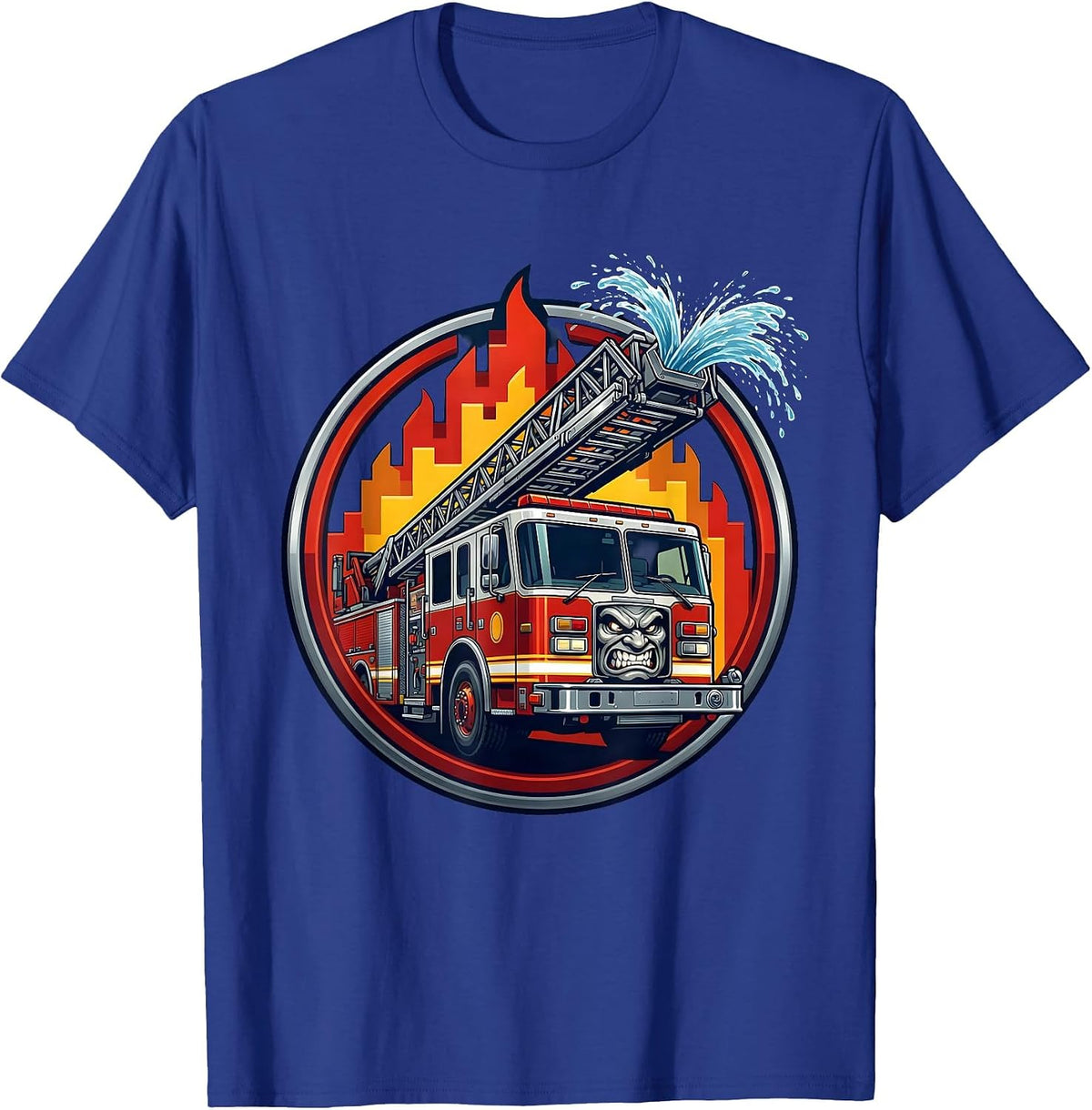 Aerial Ladder Truck Fighting Massive Blaze Firefighter T-Shirt - Royal Blue