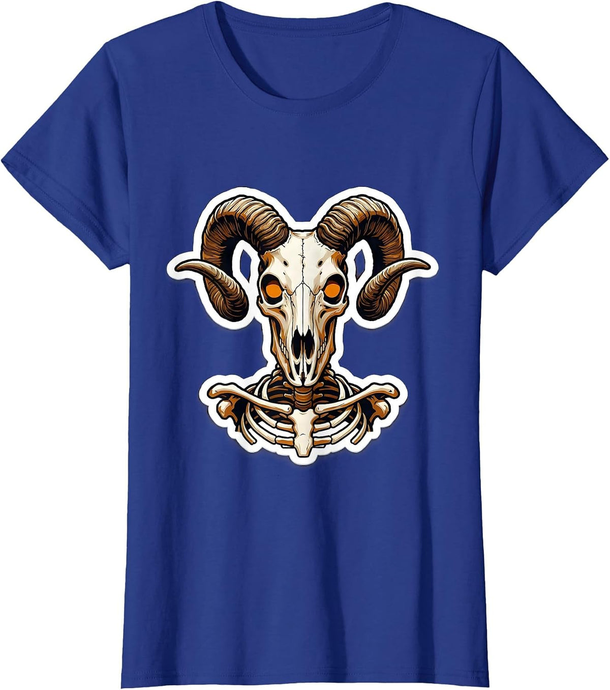 Women's Skeletal Goat Glowing Eyes Dark Art Design T-Shirt - Royal Blue