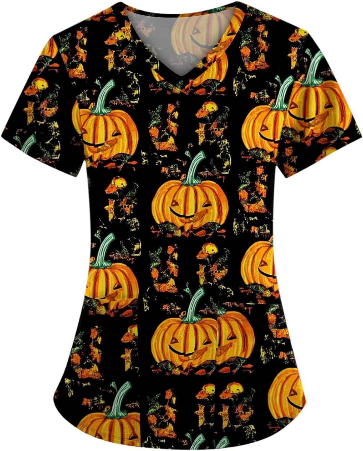 Halloween Scrubs for Women Short Sleeve V-Neck Pumpkin Print Scrub Tops Medical Nursing Uniforms with Pockets - 03-earthy