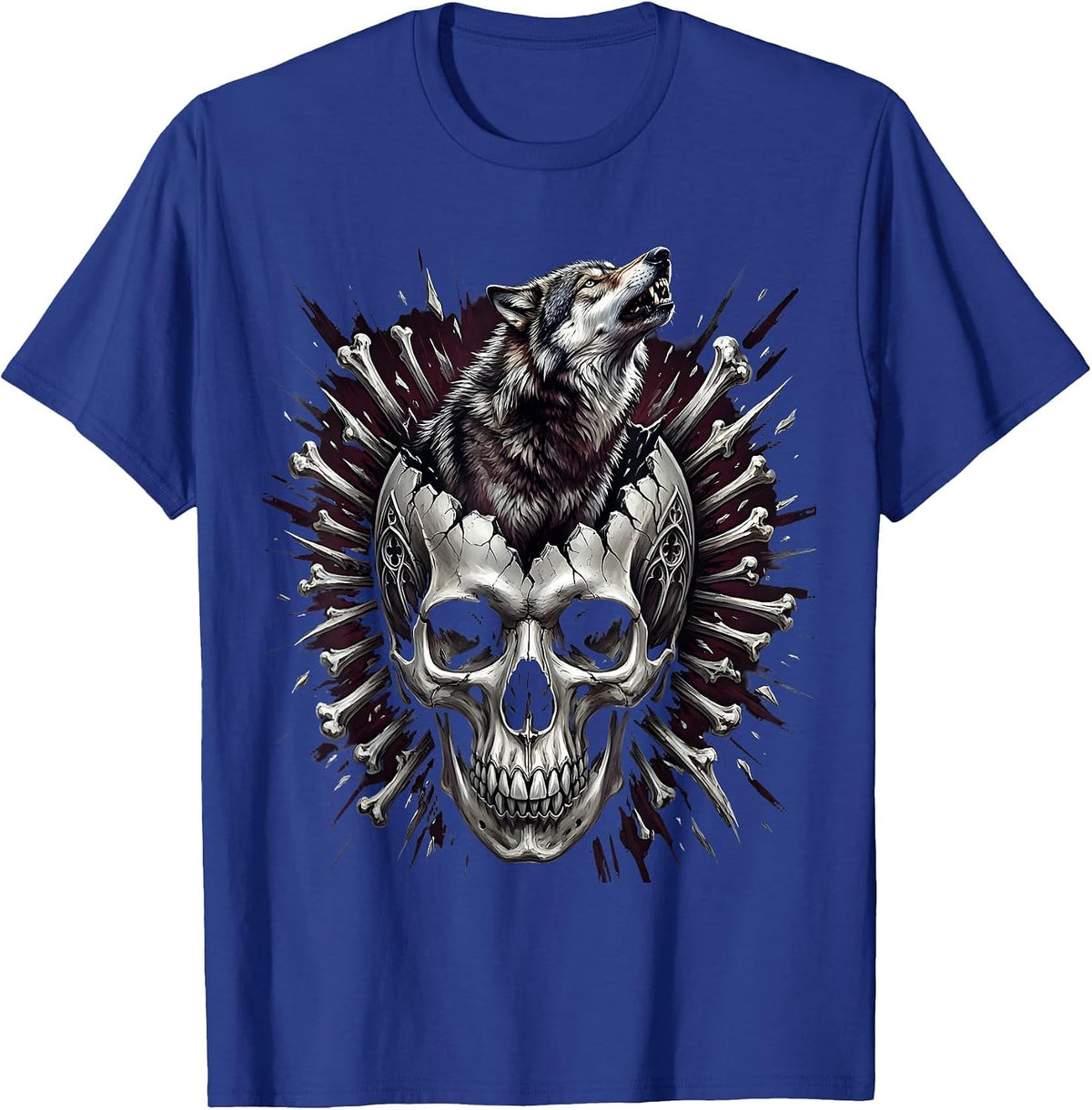 Wolf Howling Through Cracked Skull Goth Design T-Shirt - Royal Blue