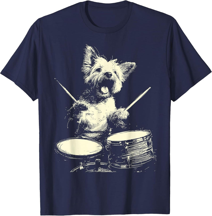 Cute Yorkshire Terrier Playing Drums Funny Music Dog Drummer T-Shirt - Navy Blue