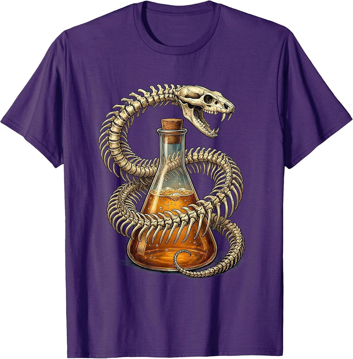 Snake Skeleton Coiled Around Chemistry Beaker T-Shirt - Purple