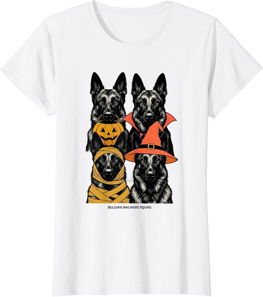 Women's Belgian Malinois Squad Midcentury Modern Halloween Dog Owner T-Shirt - White