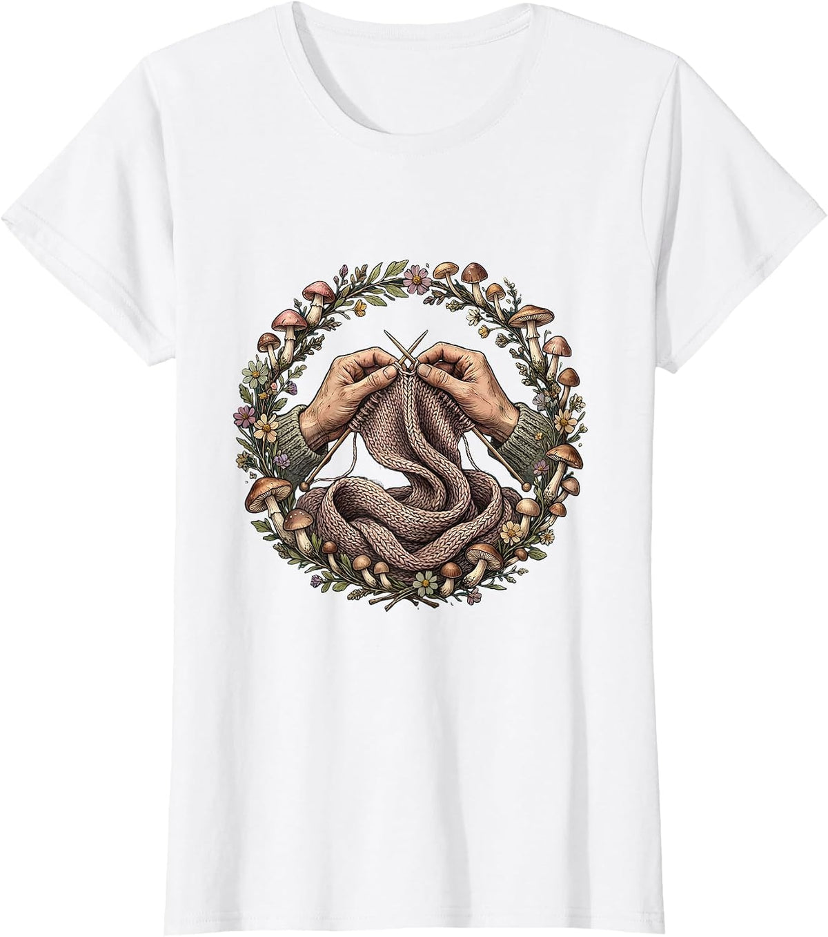 Women's Grandma Knitting Colorful Scarf Illustration T-Shirt - White
