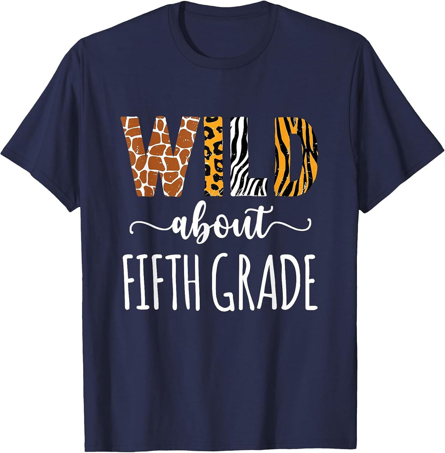 Wild About Fifth Grade Teacher Safari Animals Leopard Print T-Shirt - Navy Blue