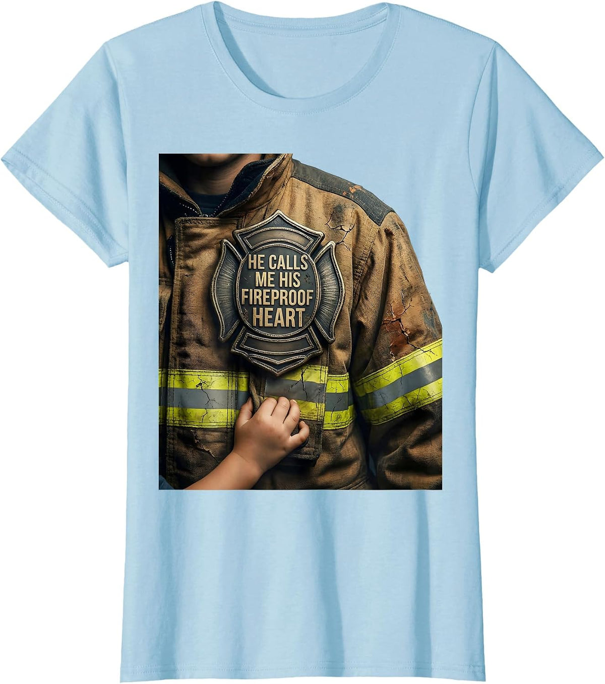 He Calls Me His Fireproof Heart Distressed Firefighter T-Shirt - Baby Blue